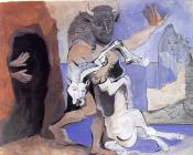 巴勃罗毕加索 - 牛头人身怪物和死在山洞前的马